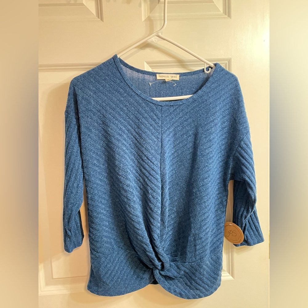 Parallel Skies Blue Ribbed Sweater with Front Knot - NWT